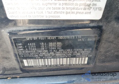 2012 Subaru Legacy 2.5I Premium from USA, damaged, VIN 4S3BMCC63C3005470